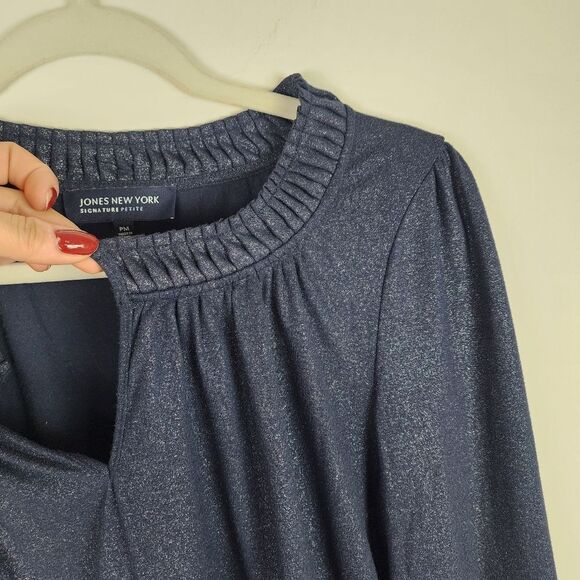 Jones New York Metallic Top Navy Silver Peplum Long Sleeve Pullover Size MP - Picture 10 of 15